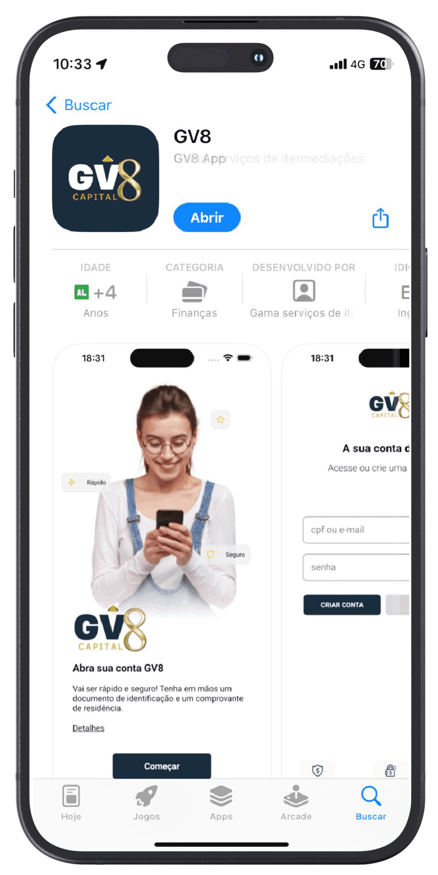 Telefone celular com banner da GV8 Capital